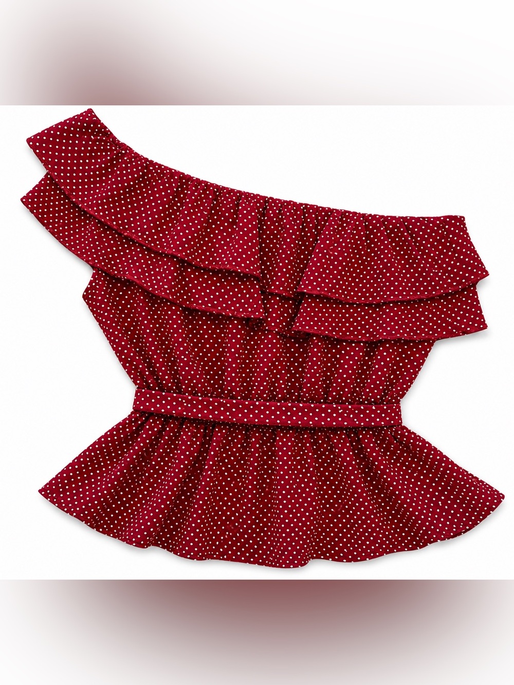 Maeve Anthropologie Rita One Shoulder Ruffle Tie Waist Top Small Wine Dot - Picture 5 of 8